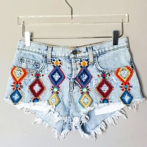 LF CARMAR Embroidered Tribal Print Distressed Shorts